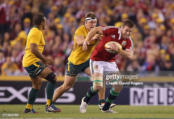 Sean O'Brien of the Lions charges upfield during game two of the International Test Series between the Australian Wallabies and the British & Irish...