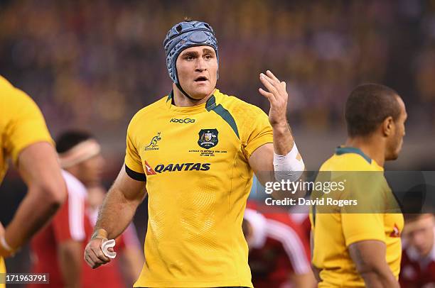 James Horwill, the Wallabies captain looks on during game two of the International Test Series between the Australian Wallabies and the British &...