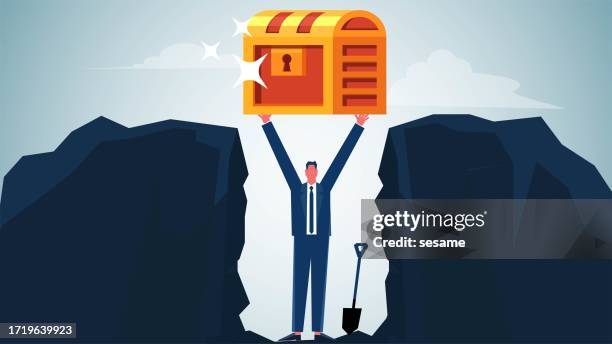 stockillustraties, clipart, cartoons en iconen met digging up treasure, good investment opportunities, discovering ways to make money, unexpected riches, businessman digs up a box of treasure in a cliff - schatkist