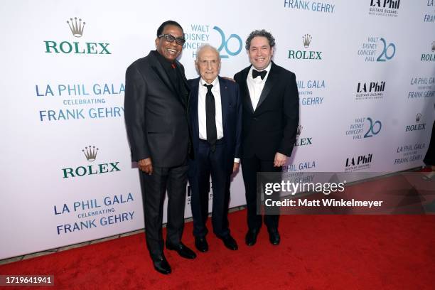 Herbie Hancock, Frank Gehry and Gustavo Dudamel attend The Los Angeles Philharmonic's 20th Anniversary Gala honoring Frank Gehry at Walt Disney...