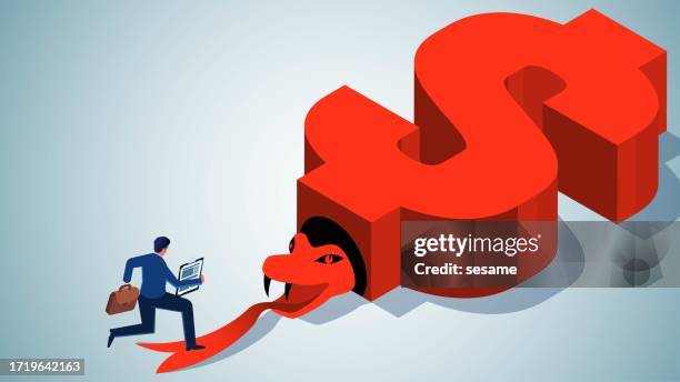 vicious, evil traps or plots, business traps, business financial investment risks, dangerous business or trade, businessmen unknowingly walking into the mouths of giant snakes hidden inside dollar signs - animals isometric stock illustrations