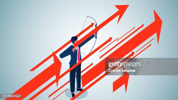 advancement in career or business development, drive or ambition, rate of interest, interest, increase in income or profit, aiming at a goal, attainment of a goal or achievement, a businessman holding a bow and arrow and shooting at growing arrows - financial analyst stock illustrations