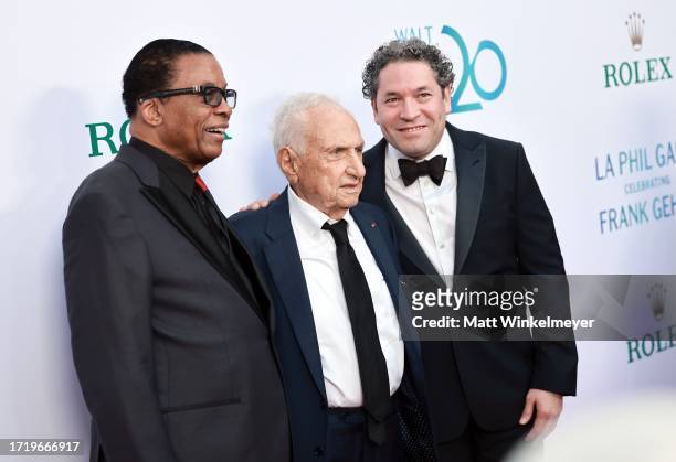 Herbie Hancock, Frank Gehry and Gustavo Dudamel attend The Los Angeles Philharmonic's 20th Anniversary Gala honoring Frank Gehry at Walt Disney...