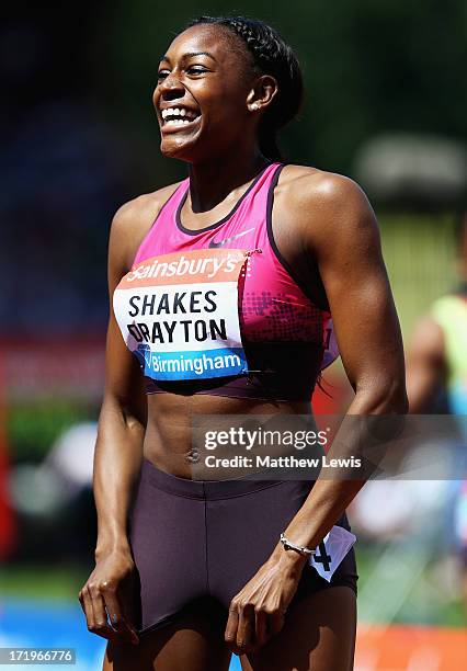 Perri Shakes-Drayton of Great Britain celebrates winning the womens 400m Hurdles during the Sainsbury's Grand Prix Birmingham IAAF Diamond League at...