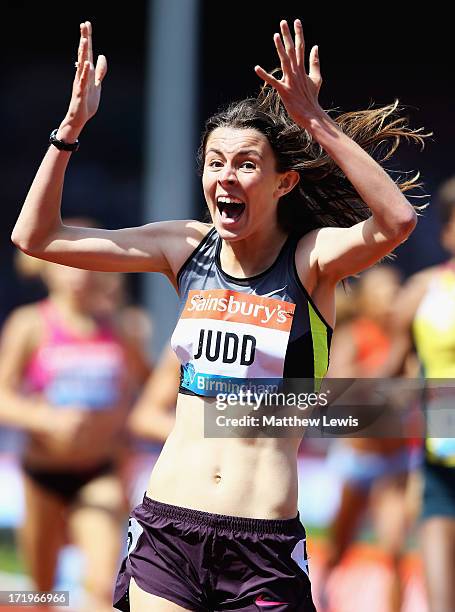 Jessica Judd of Great Britain celebrates winning the Womens 800m during the Sainsbury's Grand Prix Birmingham IAAF Diamond League at Alexander...