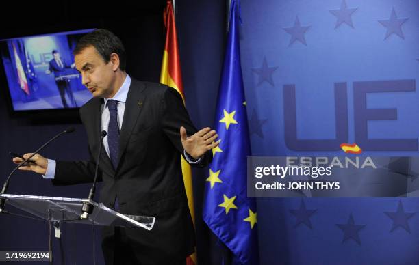 Spain's Prime Minister Jose Luis Zapatero gives a press conference on a second day of a European Summit at the headquarters of the European Council...