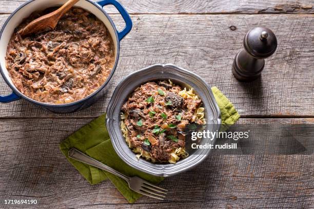 beef stroganoff - beef stroganoff overhead stock pictures, royalty-free photos & images