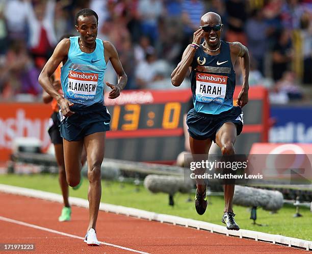 Mo Farah of Great Britain breaks clear to win the Mens 500m during the Sainsbury's Grand Prix Birmingham IAAF Diamond League at Alexander Stadium on...