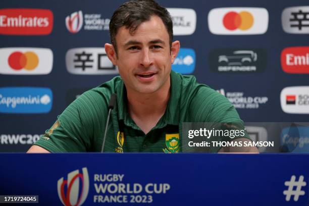 South Africa assistant coach Felix Jones attends a press conference in Croissy-sur-Seine, near Paris, on October 12 ahead of the Rugby 2023 World Cup...