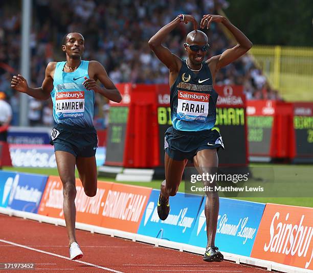 Mo Farah of Great Britain celebrates winning the Mens 500m during the Sainsbury's Grand Prix Birmingham IAAF Diamond League at Alexander Stadium on...