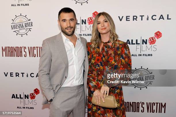 Josh Bowman and Emily VanCamp attend the Los Angeles Special Screening of "Miranda's Victim" at Regency Bruin Theatre on October 05, 2023 in Los...