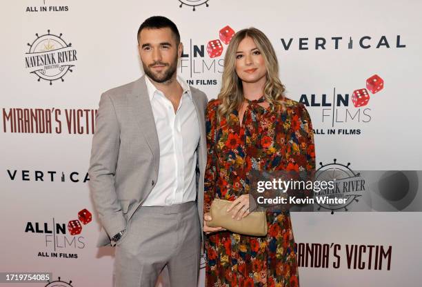 Josh Bowman and Emily VanCamp attend the Los Angeles Special Screening of "Miranda's Victim" at Regency Bruin Theatre on October 05, 2023 in Los...