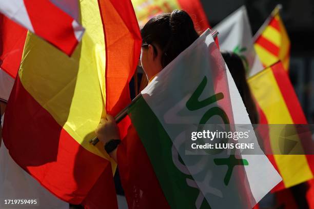 Protestors against the independence of Catalonia wave Spanish far-right Vox party flags and Spanish national flags during a demonstration for the...