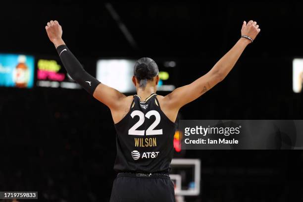 Ja Wilson of the Las Vegas Aces celebrates after defeating the New York Liberty during Game 2 of the 2023 WNBA Finals on October 11, 2023 at the...