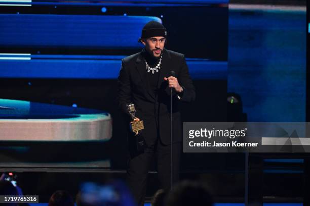 Bad Bunny speaks onstage during the 2023 Billboard Latin Music Awards at Watsco Center on October 05, 2023 in Coral Gables, Florida.