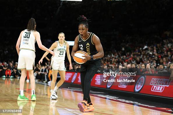 Chelsea Gray of the Las Vegas Aces shows emotion during the game