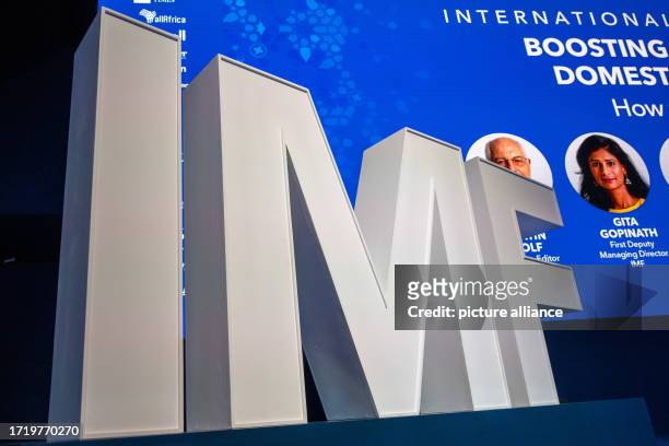 October 2023, Morocco, Marrakesch: An IMF logo stands at a meeting of the annual meeting of the International Monetary Fund and the World Bank....