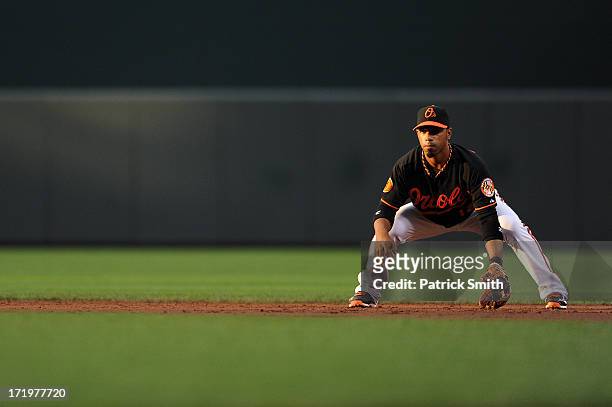 Alexi Casilla of the Baltimore Orioles against the New York Yankees at Oriole Park at Camden Yards on June 28, 2013 in Baltimore, Maryland. The...