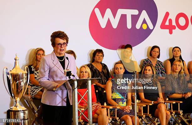 Billie Jean King speaks at the WTA 40 Love Celebration during Middle Sunday of the Wimbledon Lawn Tennis Championships at the All England Lawn Tennis...