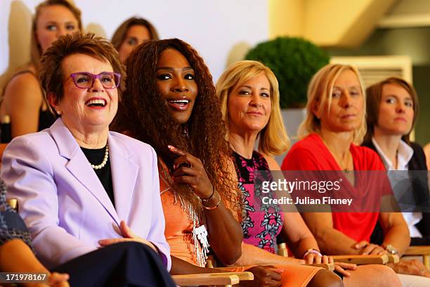 Billie Jean King, Serena Williams, Chris Evert, Martina Navratilova and and Justine Henin sit on stage at the WTA 40 Love Celebration during Middle...