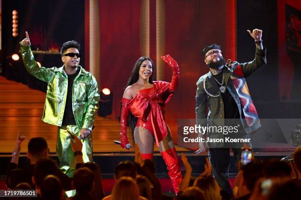 Eddy Lover, La Factoria and Farruko perform onstage during the 2023 Billboard Latin Music Awards at Watsco Center on October 05, 2023 in Coral...