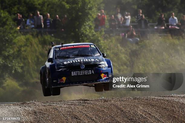 Driver Mattias Ekstroem of Sweden competes in the Ford RallyCross competition on Day 4 of the X-Games at FroettmaRing on June 30, 2013 in Munich,...