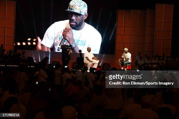 LeBron James of the Miami Heat attends the NBA Championship victory rally at the AmericanAirlines Arena on June 24, 2013 in Miami, Florida. The Miami...