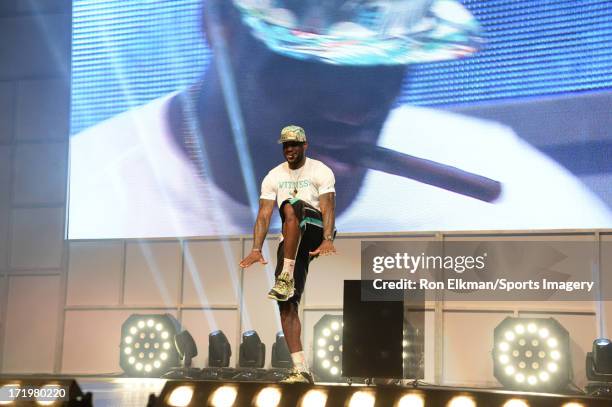 LeBron James of the Miami Heat attends the NBA Championship victory rally at the AmericanAirlines Arena on June 24, 2013 in Miami, Florida. The Miami...