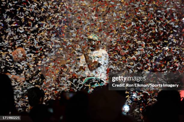 LeBron James of the Miami Heat attends the NBA Championship victory rally at the AmericanAirlines Arena on June 24, 2013 in Miami, Florida. The Miami...