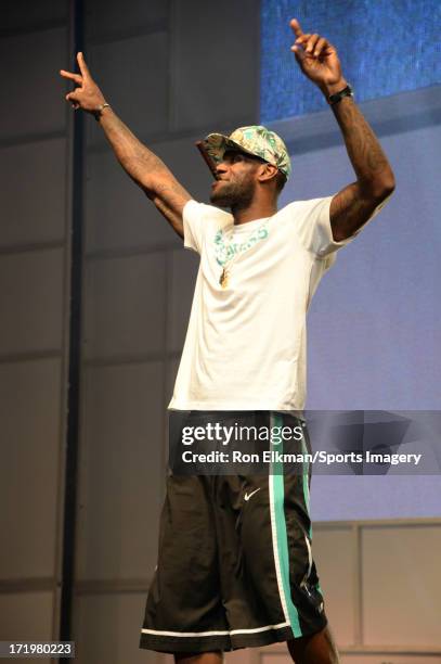 LeBron James of the Miami Heat attends the NBA Championship victory rally at the AmericanAirlines Arena on June 24, 2013 in Miami, Florida. The Miami...