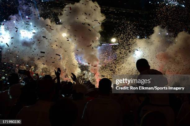 LeBron James of the Miami Heat attends the NBA Championship victory rally at the AmericanAirlines Arena on June 24, 2013 in Miami, Florida. The Miami...