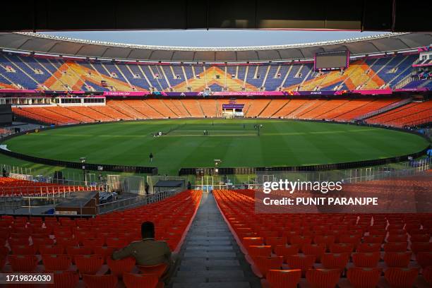 This photograph shows a general view of the stadium ahead of the 2023 ICC Men's Cricket World Cup one-day international match between India and...