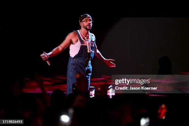 Bad Bunny performs onstage during the 2023 Billboard Latin Music Awards at Watsco Center on October 05, 2023 in Coral Gables, Florida.