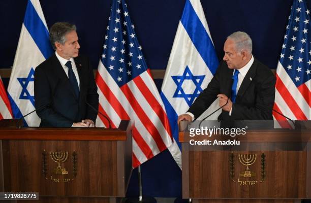 Secretary of State Antony Blinken and Israeli Prime Minister Benjamin Netanyahu hold a joint press conference in Tel Aviv, Israel on October 12, 2023.