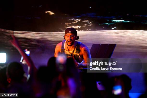Bad Bunny performs onstage during the 2023 Billboard Latin Music Awards at Watsco Center on October 05, 2023 in Coral Gables, Florida.