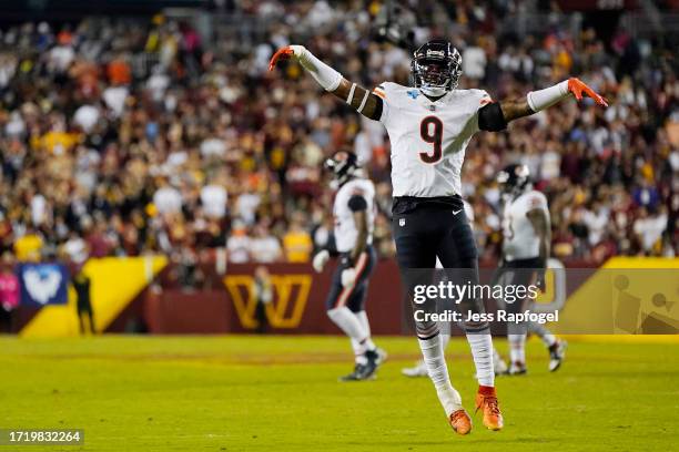 Jaquan Brisker of the Chicago Bears celebrates after a missed field goal attempt by the Washington Commanders during the fourth quarter at FedExField...