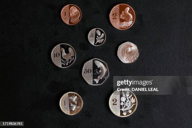 The full set of coins is seen displayed during a photocall to unveil eight new designs that are set to appear on UK coins, at the Royal Mint, in...