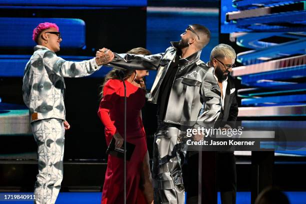 Beéle and Manuel Turizo speak onstage during the 2023 Billboard Latin Music Awards at Watsco Center on October 05, 2023 in Coral Gables, Florida.