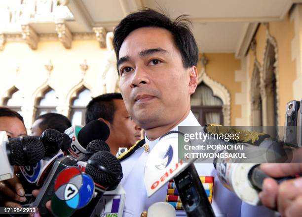 Thai Prime Minister Abhisit Vejjajiva answers the question from the press at Government House in Bangkok on December 22, 2008 prior to being sworn in...