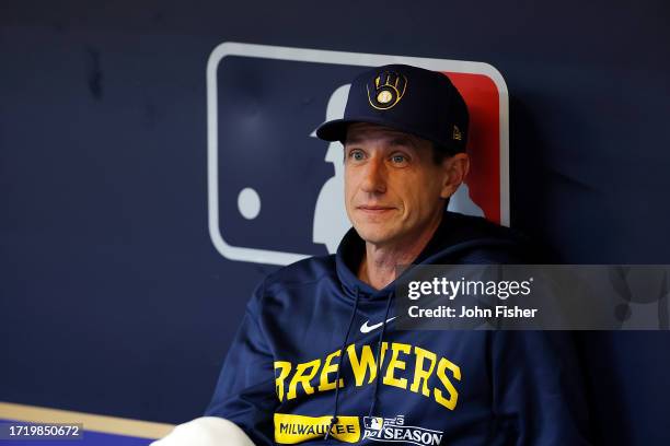 Craig Counsell of the Milwaukee Brewers looks on before the game against the Arizona Diamondbacks during Game Two of the Wild Card Series at American...