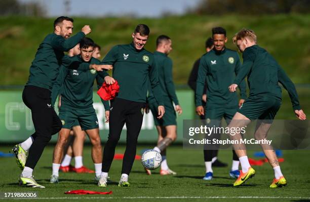 Dublin , Ireland - 12 October 2023; Shane Duffy, left, and Evan Ferguson during a Republic of Ireland training session at the FAI National Training...