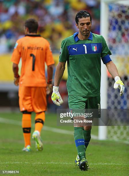 Gianluigi Buffon of Italy looks on during a shootout during the FIFA Confederations Cup Brazil 2013 3rd Place match between Uruguay and Italy at...
