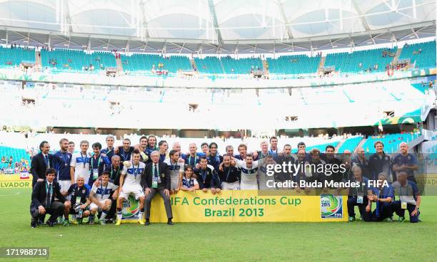 The Italy team pose for a team photo following their victory in a shootout at the end of the FIFA Confederations Cup Brazil 2013 3rd Place match...