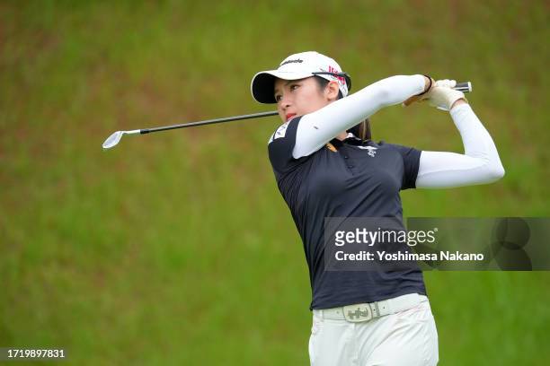 Saipan of Thailand hits her tee shot on the 8th hole during the second round of Kanehide Miyarabi Open at Kanehide Kise Country Club on October 6,...
