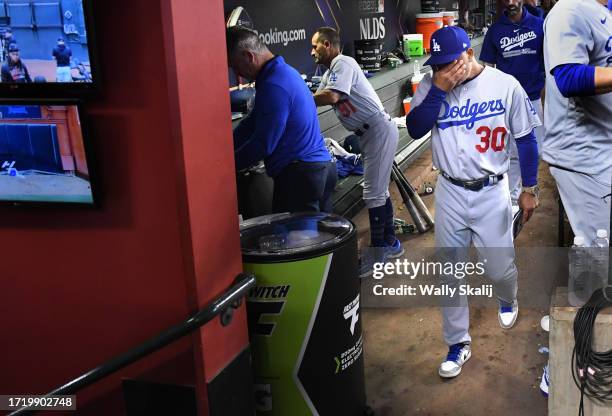 October 11: Los Angeles Dodgers manager Dave Roberts reacts to loosing the National League Division Series to the Arizona Diamondbacks in a three...