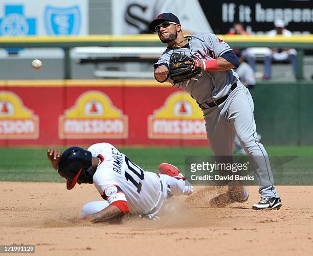 Mike Aviles of the Cleveland Indians forces out Alexei Ramirez of the Chicago White Sox during the seventh inning on June 30, 2013 at U.S. Cellular...