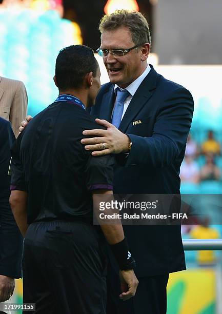 General Secretary Jerome Valcke presents Referee Djamel Haimoudi with his medal after the FIFA Confederations Cup Brazil 2013 3rd Place match between...