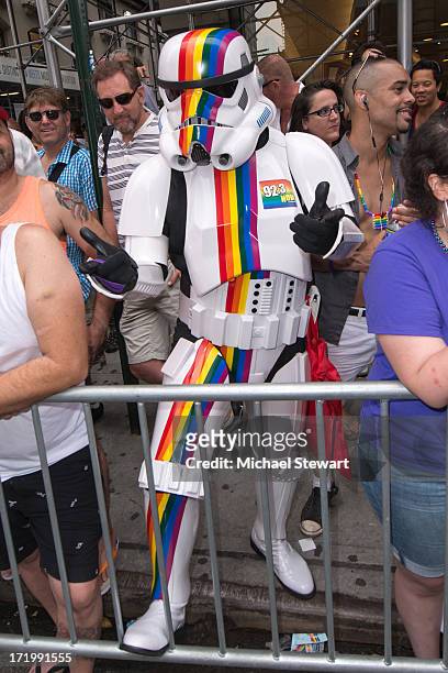 Spectator wearing a rainbow covered stormtrooper costume attends The March during NYC Pride 2013 on June 30, 2013 in New York City.