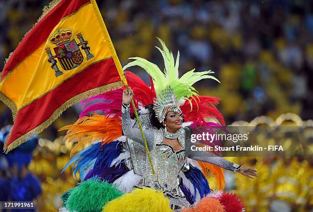 Performers entertain the crowd at the closing ceremony prior to the FIFA Confederations Cup Brazil 2013 Final match between Brazil and Spain at...