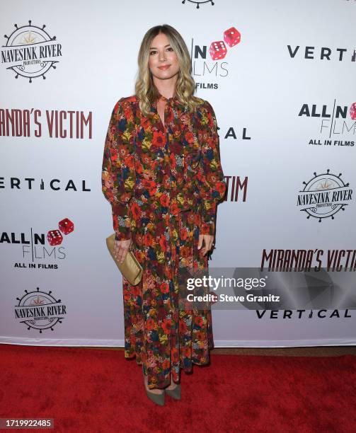 Emily VanCamp arrives at the Los Angeles Special Screening Of "Miranda's Victim" at Regency Bruin Theatre on October 05, 2023 in Los Angeles,...